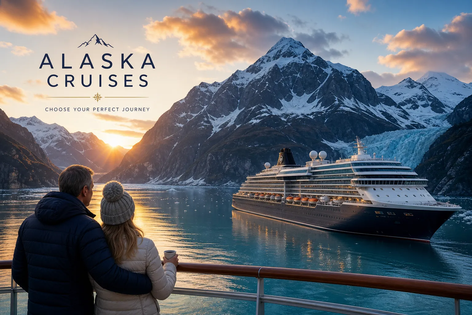Couple on a ship balcony watching a cruise ship pass snow-capped Alaskan mountains and a glacier at sunset
