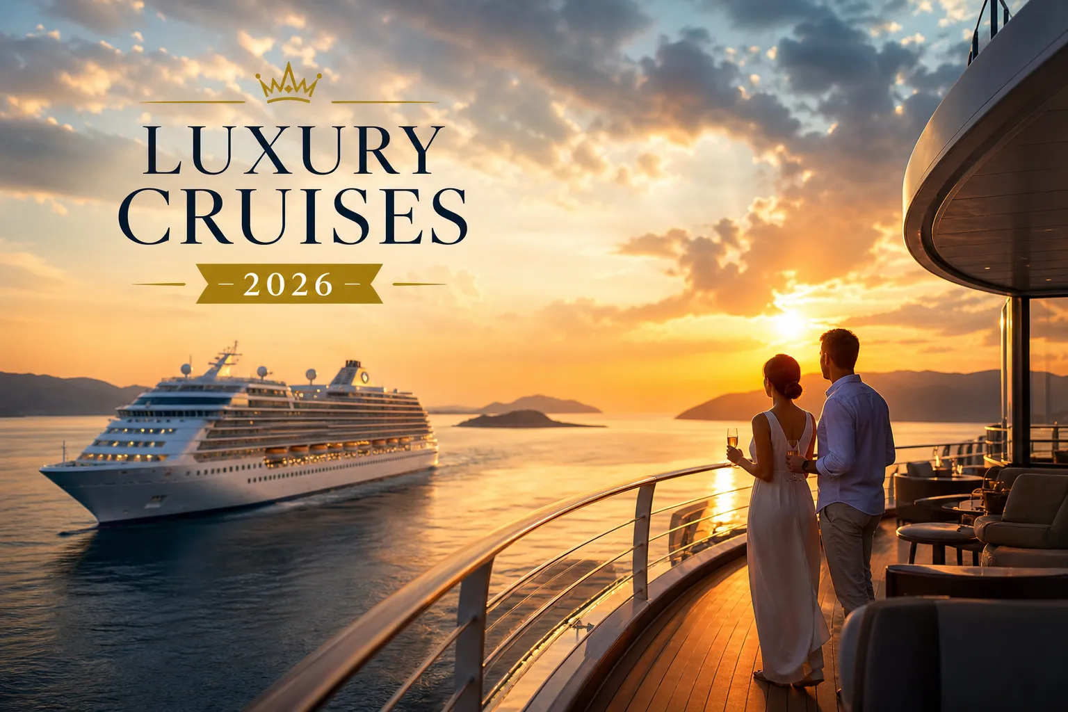 Couple with champagne on the deck of a luxury ship at sunset as another cruise ship sails past, under the words Luxury Cruises 2026.