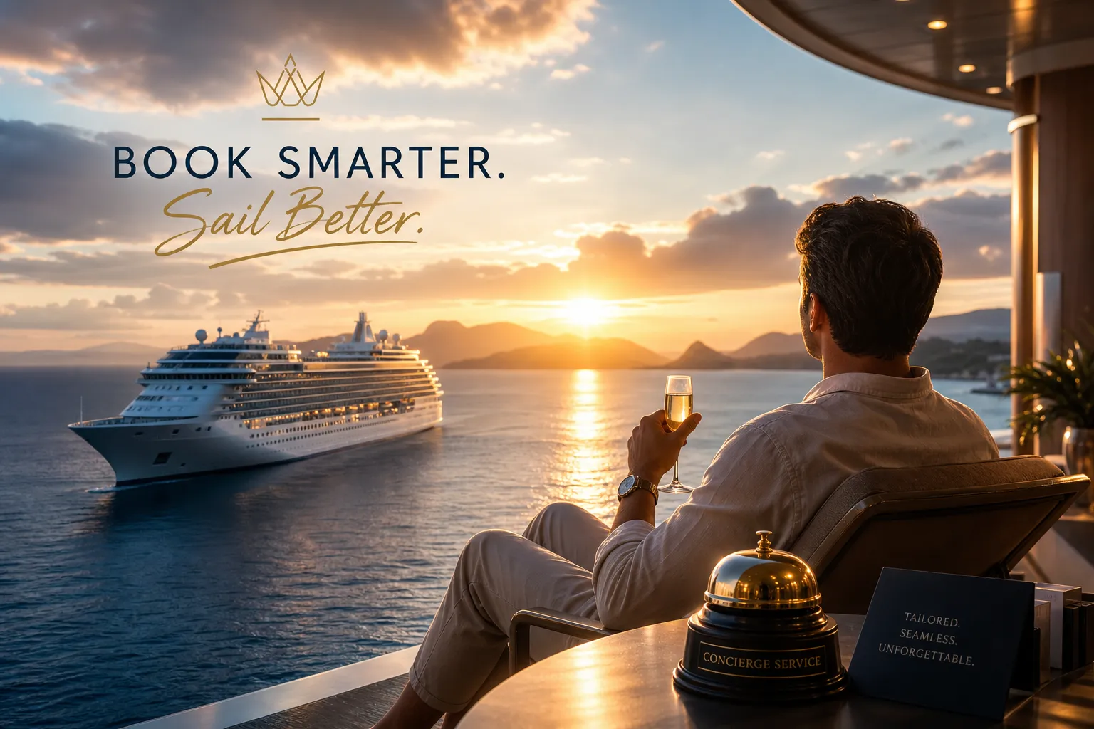 Traveler relaxing on a balcony at sunset beside a concierge bell, with a luxury ship on the water
