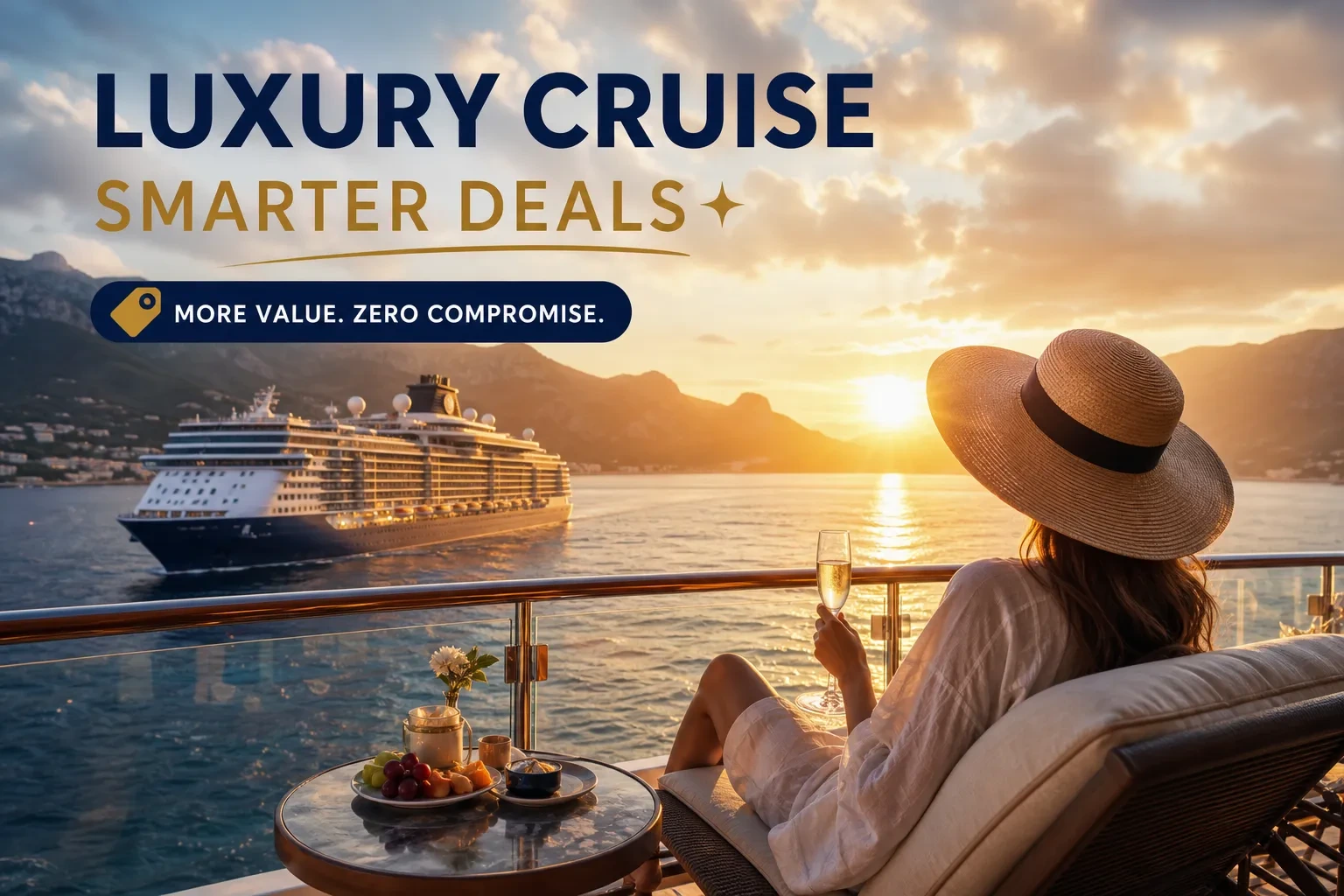Woman in a sun hat with champagne on a ship balcony at sunset as a cruise ship sails past, under the words Luxury Cruise, Smarter Deals.