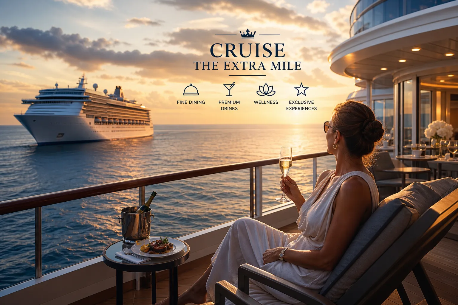 Woman with champagne on a luxury ship balcony at sunset