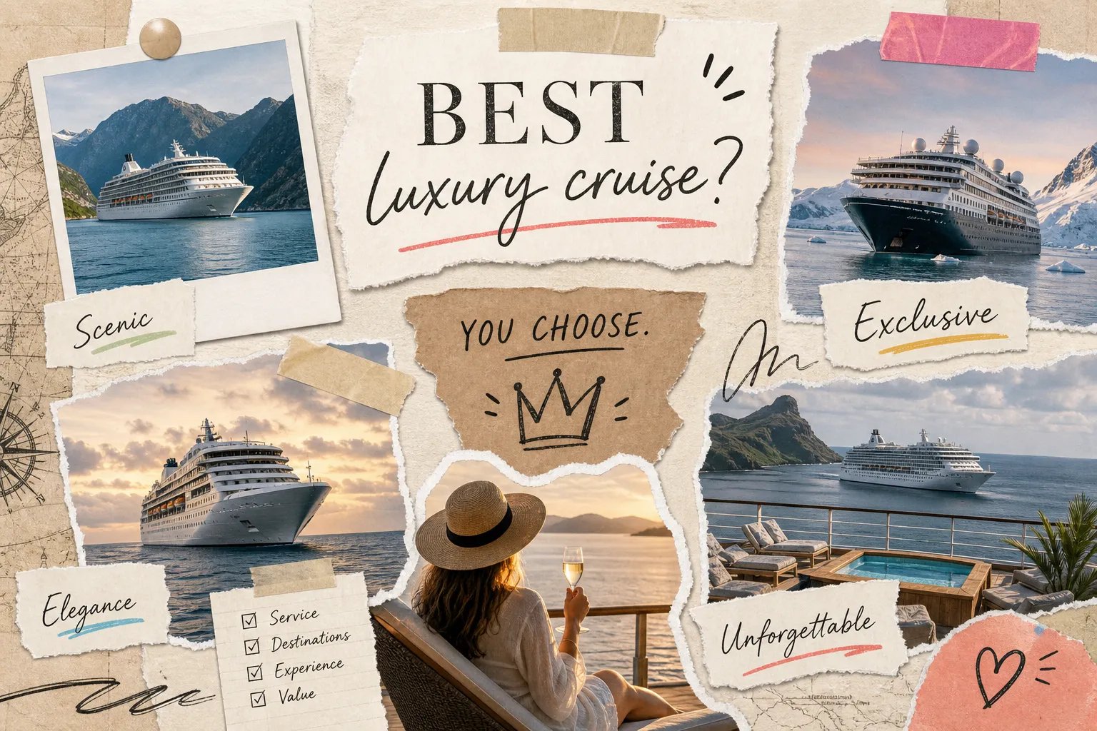 Scrapbook collage of luxury cruise ships in fjords, polar waters and at sunset, with a woman in a sun hat holding champagne on deck and the words Best luxury cruise? You choose.
