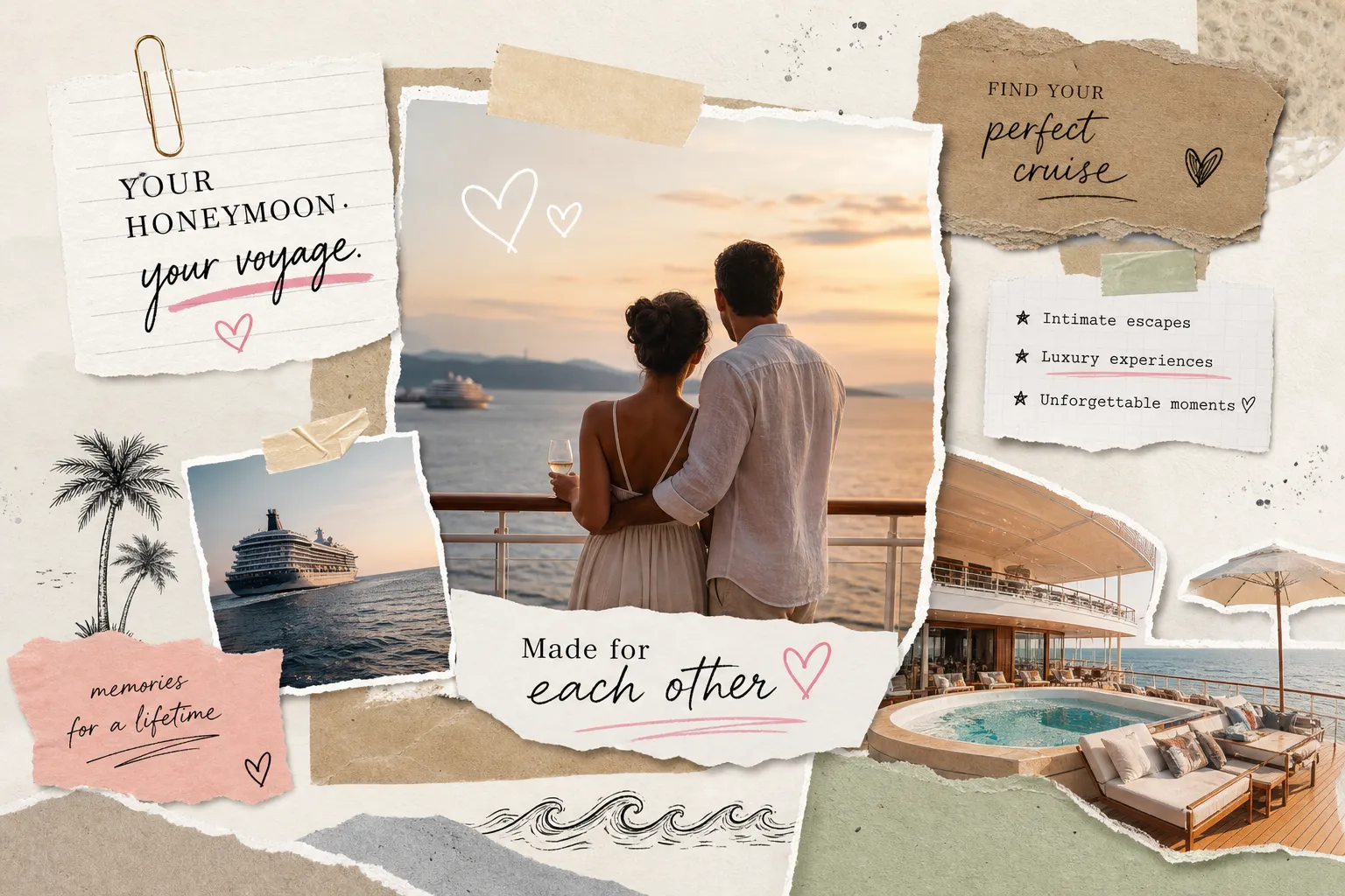 Scrapbook collage of a couple watching the sunset from a cruise ship deck, with a yacht pool deck and notes reading Your honeymoon, your voyage and Find your perfect cruise.