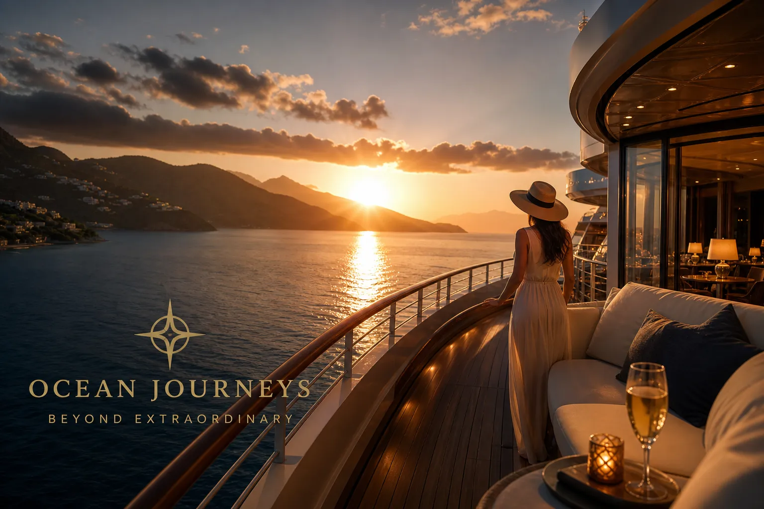 Woman in a sun hat on the deck of a luxury ship at sunset along a Mediterranean coast