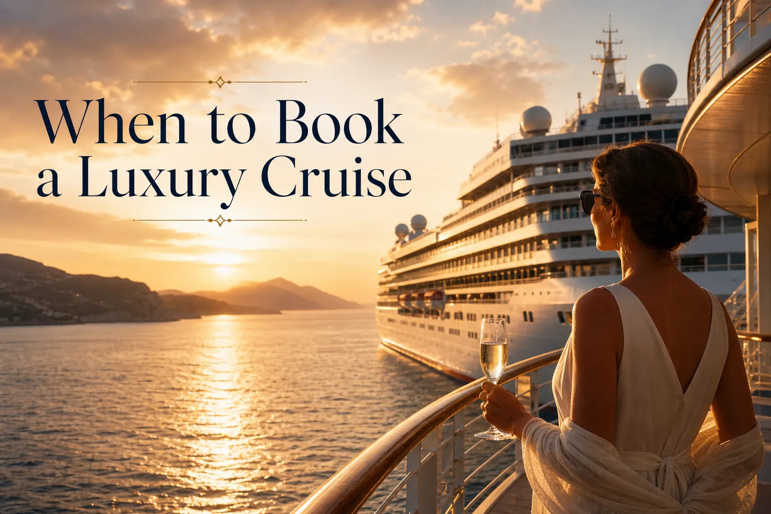 Woman with champagne on a ship deck at sunset beside a luxury cruise ship
